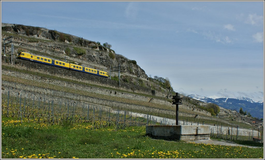 Es geht bergab: Der Train de Vignes auf seiner Fahrt hinunter nach Vevey kurz nach Chexbres.
(23.04.2012)