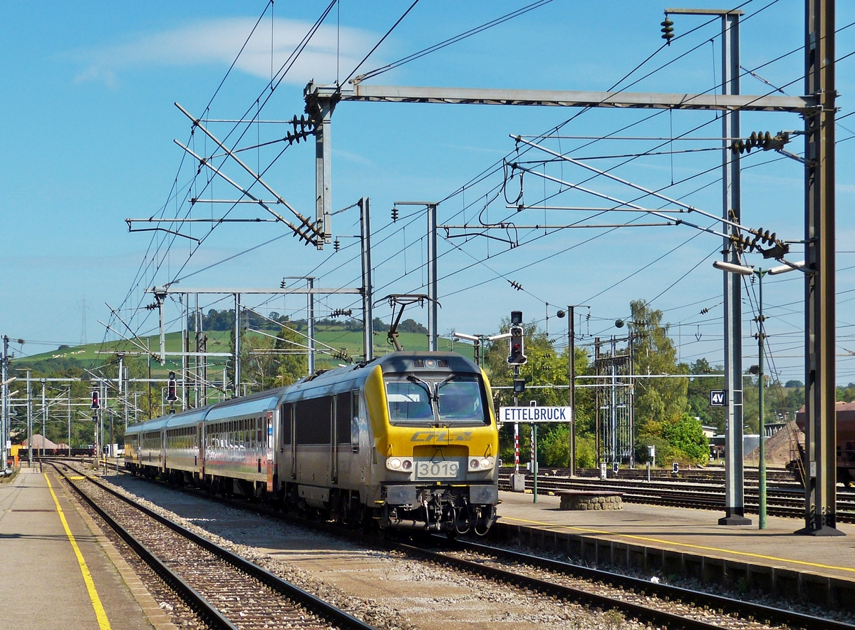 . Bedingt durch Bauarbeiten zwischen Ettelbrck und Mersch verkehrte der IR 115 Liers - Luxembourg am 12.09.2014 nur bis Ettelbrck. Die 3019 zieht den Zug in den Bahnhof von Ettelbrck, wo er bildlich festgehalten wurde. (Hans) 
