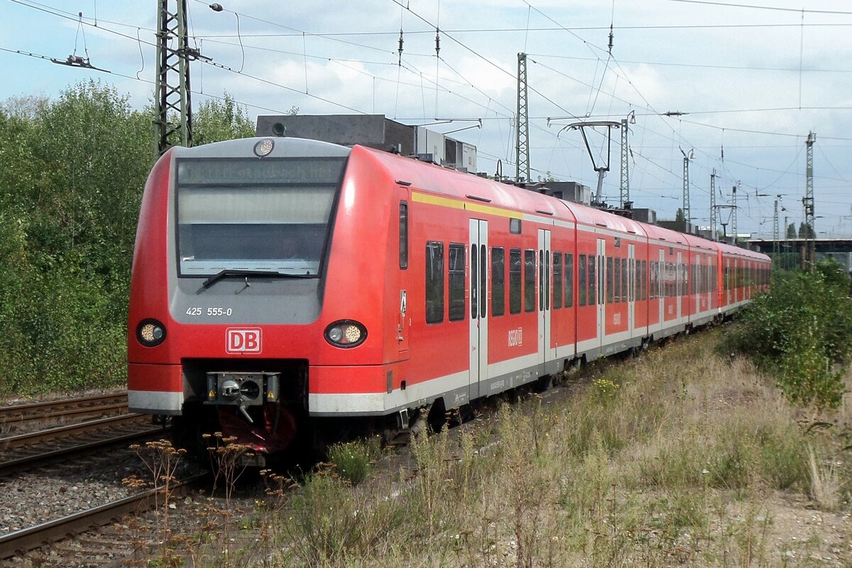 Am 16 September 2016 treft 425 555 in Rheinhausen ein und wird vom biotopischer Bahnsteig fotografiert.