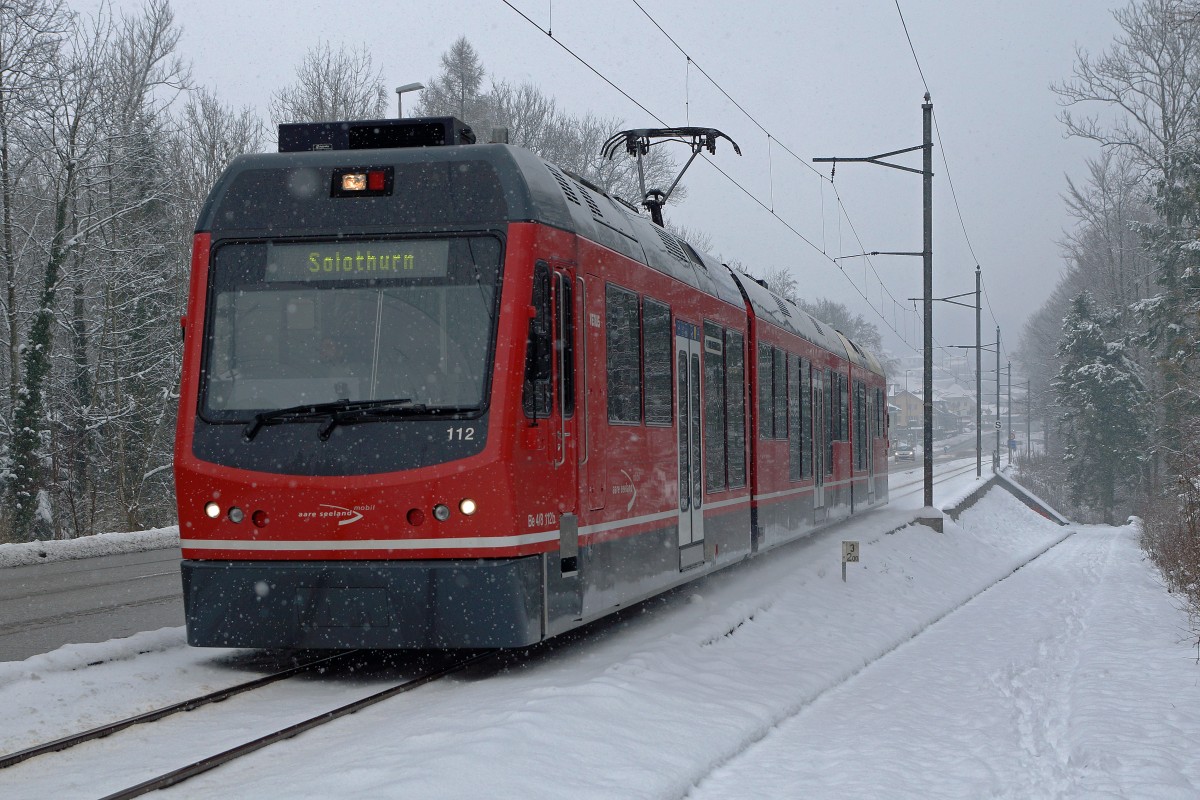 ASm: Regionalzug nach Solothurn mit dem Be 4/8 112 unterwegs bei Riedholz am 20. Januar 2016.
Foto: Walter Ruetsch