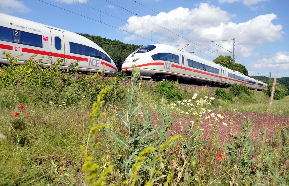 Begegnung von 2 x ICE 3 bei Amstetten am 26.06.2012; ein ICE Tz 333; trägt den Namen Esslingen am Neckar.