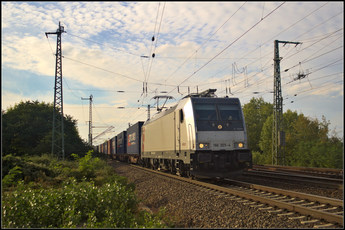 Bei bereits tiefstehender Sonne fuhr LTE Netherlands 186 355-4 mit einem Containerzug am 08.09.2018 am Abzweig Magdeburg-Eichenweiler vorbei.
