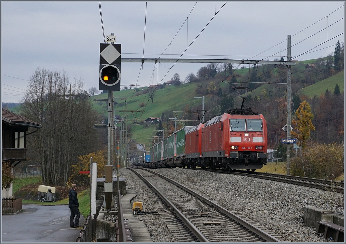 Bei Mülenen begegneten mir diese zwei DB 185 mit einem Güterzug Richtung Süden. 
9. Nov. 2017