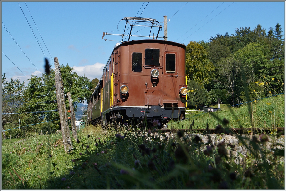  BERNE EN FETE  bei der Blonay Chamby Museumsbahn - die BOB HGe 3/3 N° 29, welche 1926 als letzte Lok den 1913/14 gelieferten Vorgängerloks zur BOB kam hier kurz vor Chaulin.
13. Sept. 2014