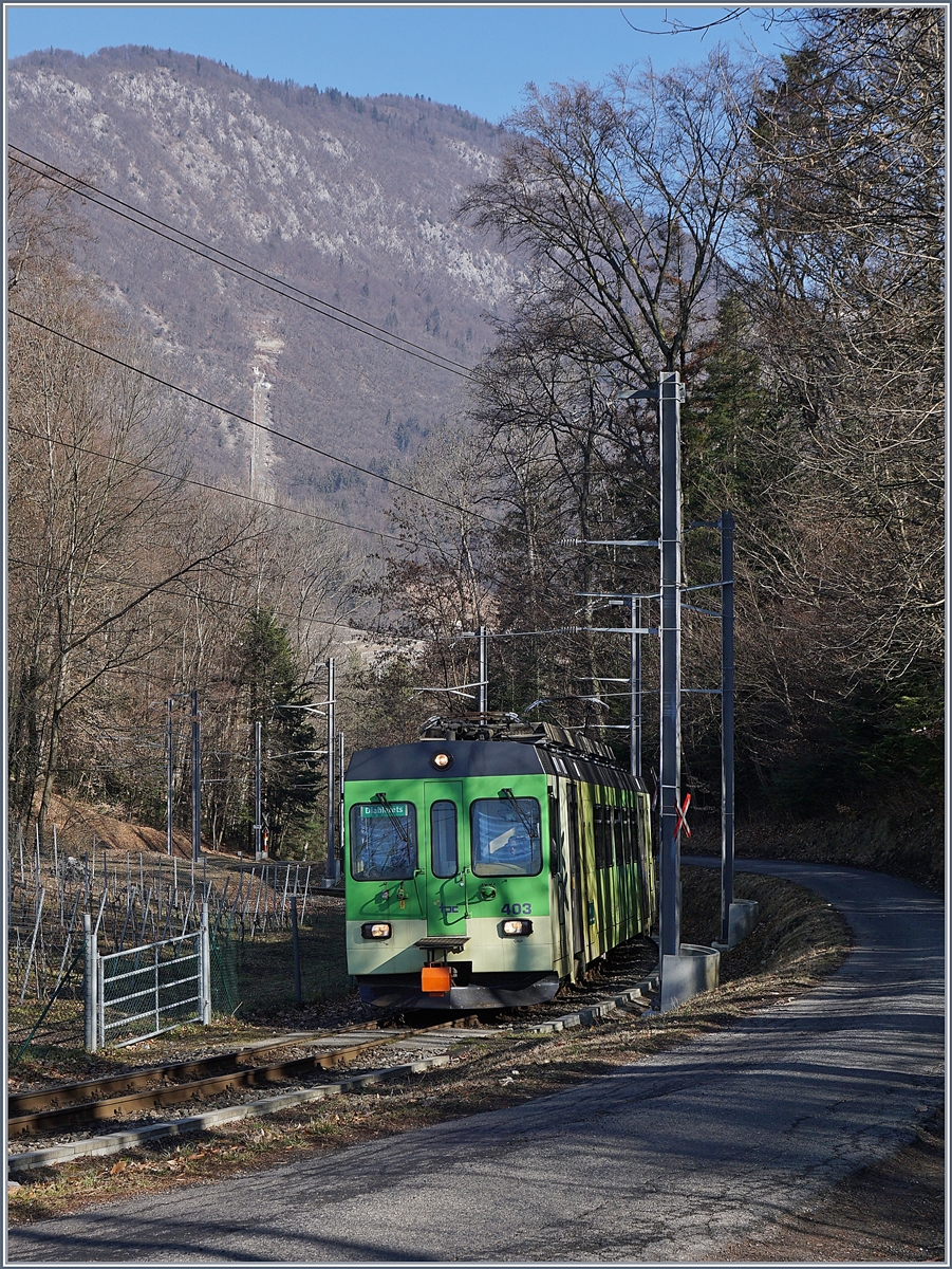 Der ASB Regionalzug 432, bestehend aus dem BDe 4/4 403 und dem Bt 432 im Wald oberhalb von Aigle kurz vor Verschiez. 

23. Feb. 2019