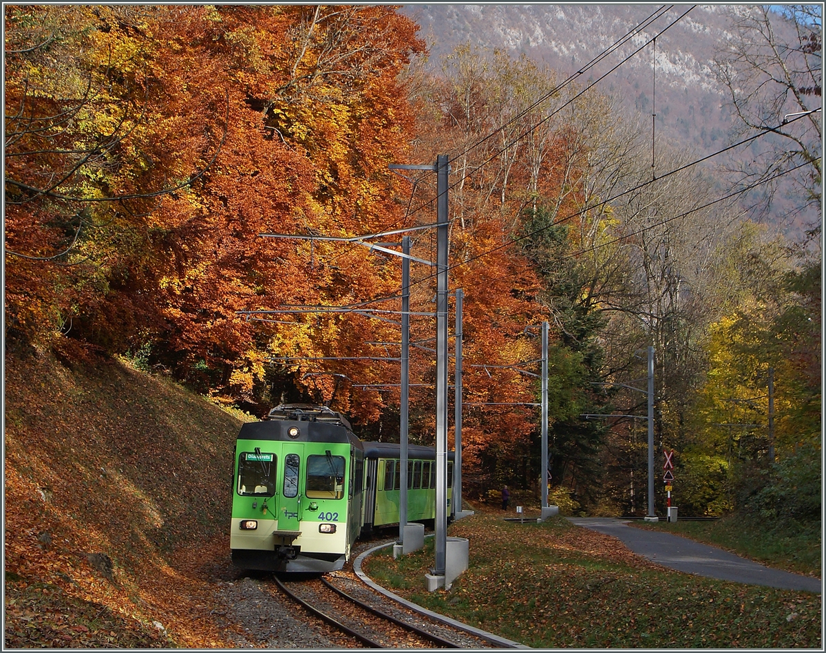 Der bunte Herbstwald kurz vor Verchiez stellt sogar den nicht gerade farblosen ASD Regionalzug in den Schatten.
4. Nov. 2015