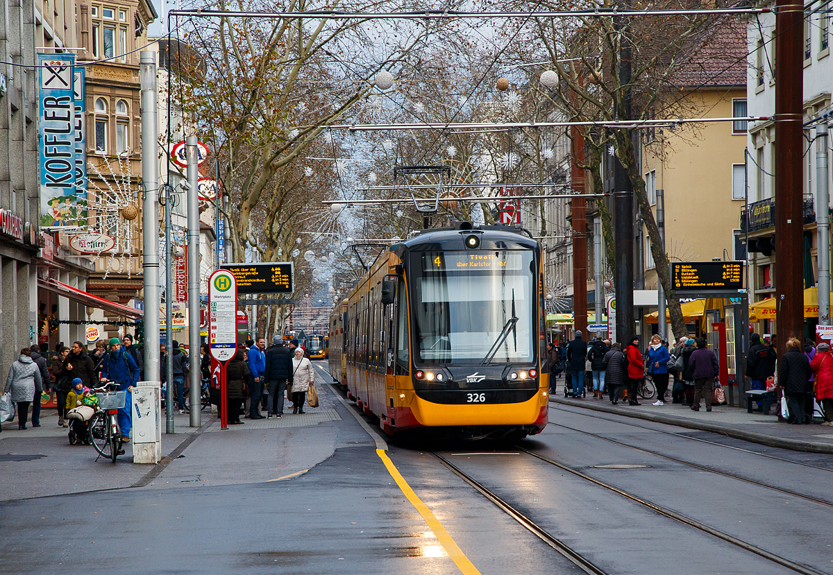 Der Gelenk-Triebwagen der Verkehrsbetriebe Karlsruhe VBK 326, ein Vossloh „Citylink NET 2012“ (NET=Niederflur Elektrotriebwagen) am 16.12.2017 in Karlsruhe, als Straßenbahn-Linie 4 nach Tivoli, an der Station Marktplatz.

Die Straßenbahn Karlsruhe ist neben der Stadtbahn das zweite schienengebundene öffentliche Personennahverkehrsmittel in Karlsruhe. Das von den Verkehrsbetrieben Karlsruhe (VBK) betriebene normalspurige Straßenbahnnetz erstreckt sich über eine Gesamtlänge von 71,5 Kilometern und wird teilweise auch von der Stadtbahn mitbenutzt. Die Straßenbahn ist Bestandteil des Karlsruher Verkehrsverbunds (KVV) und besteht aus sieben regulären sowie drei Sonderlinien.