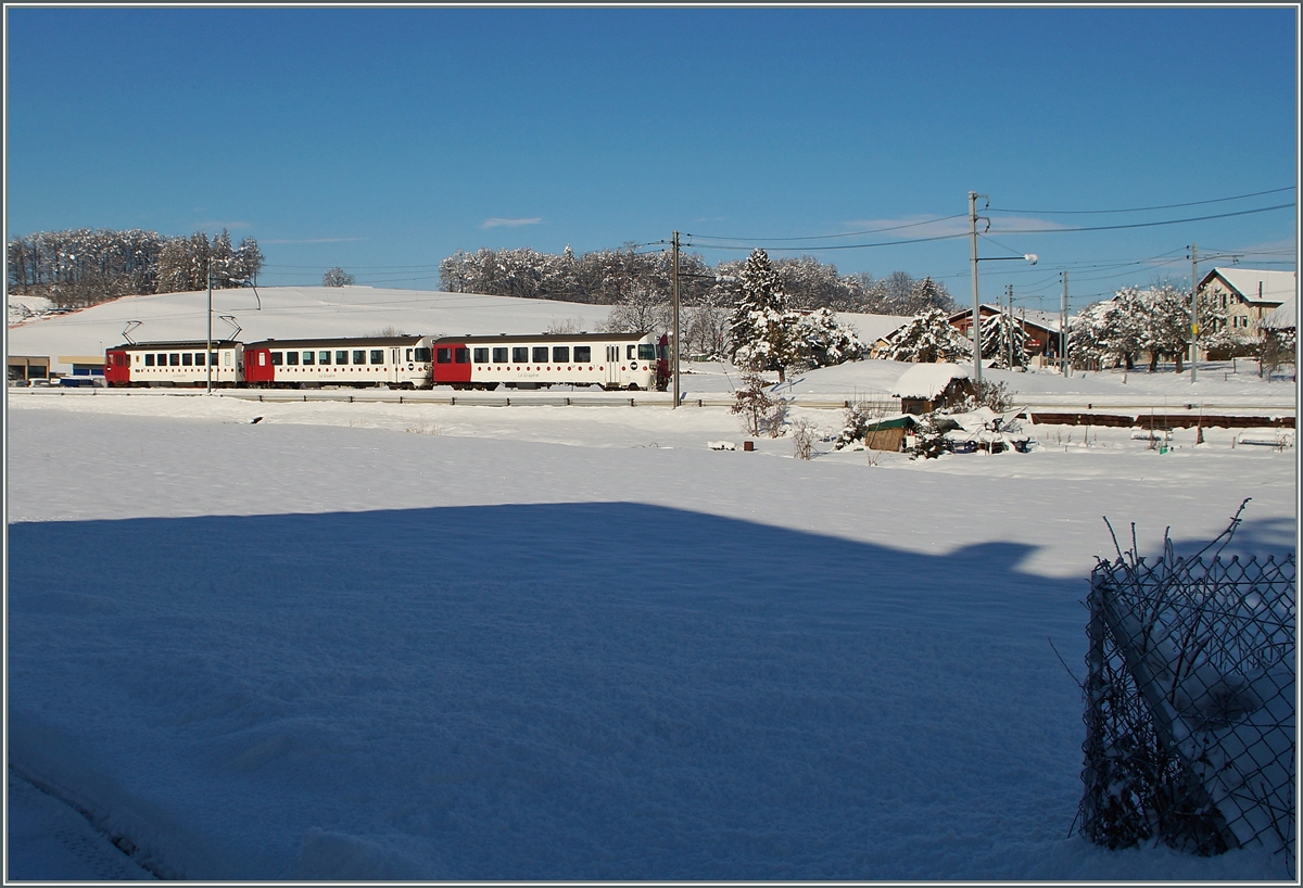 Der TPF Regionalzug 18412 von Palézieux nach Bulle erreicht in Kürze Châtel St-Denis.
21. Jan. 2015