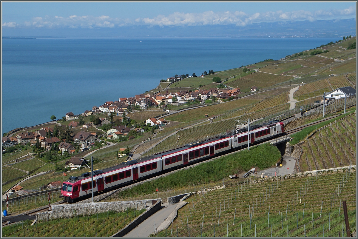 Der Travys Domino RBDe 560 384-0 im Einsatz auf der  Train des Vignes  Linie Vevey - Puidoux-Chexbres bei Chexbres als S31 12064. In der Bildmitte unten am See ist in Rivaz bei genauerem Hinsehn ein Postzug zu entdecken.
6. Mai 2015