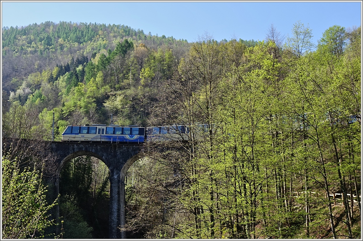 Der Zug D 47 P auf der Fahrt von Domodossola nach Locarno auf dem Rio Graglia Viadukt.
(14.04.2014)