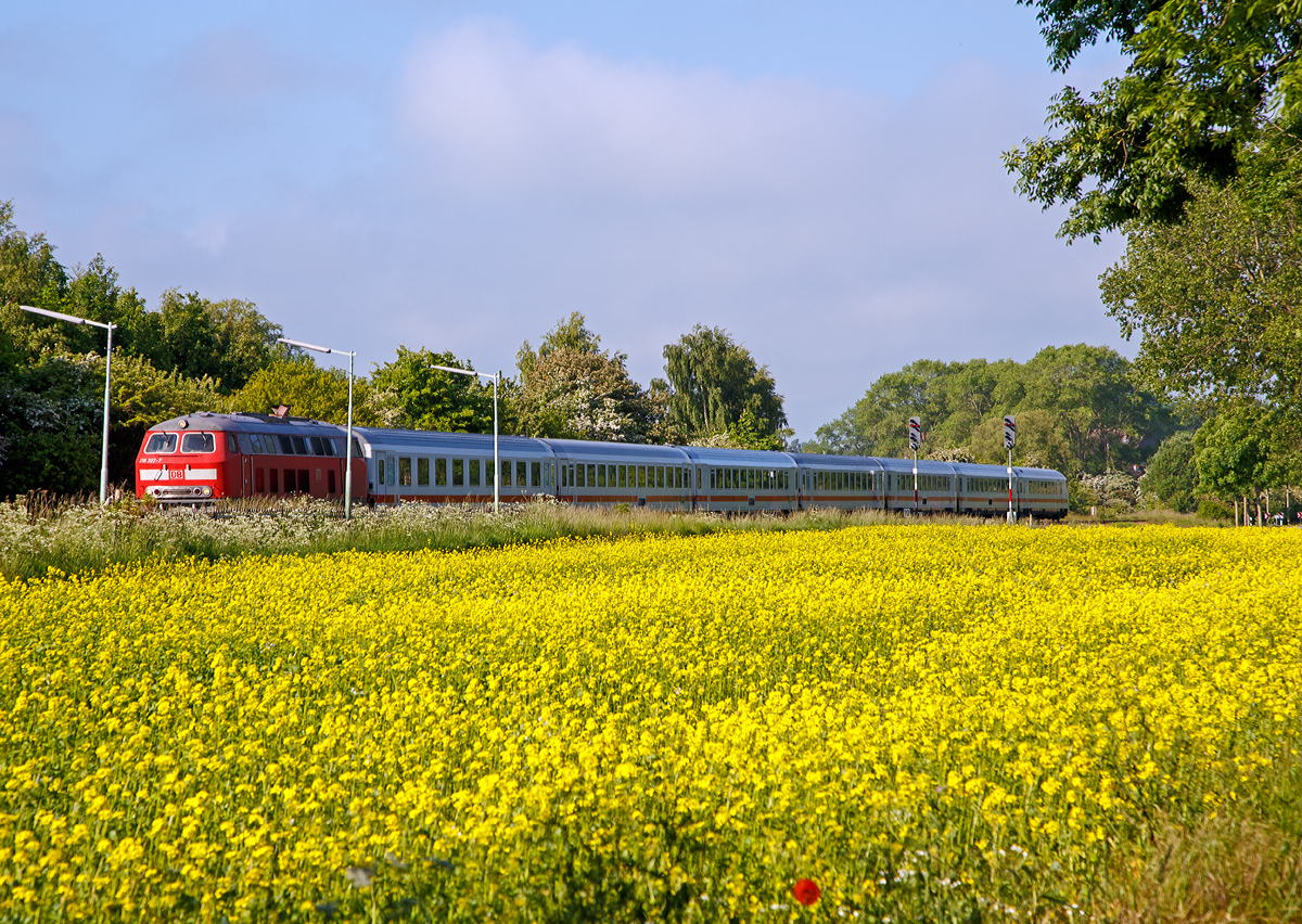 
Die 218 307-7 fährt am 12.06.2015 mit dem EC 31 (Hamburg - Lübeck - Puttgarten - Rödby - Kopenhagen) durch Großenbrode. 

Der EC 31 fährt hier auf der Bahnstrecke Lübeck–Puttgarten (KBS 141) ein Teil der sogenannten Vogelfluglinie.
