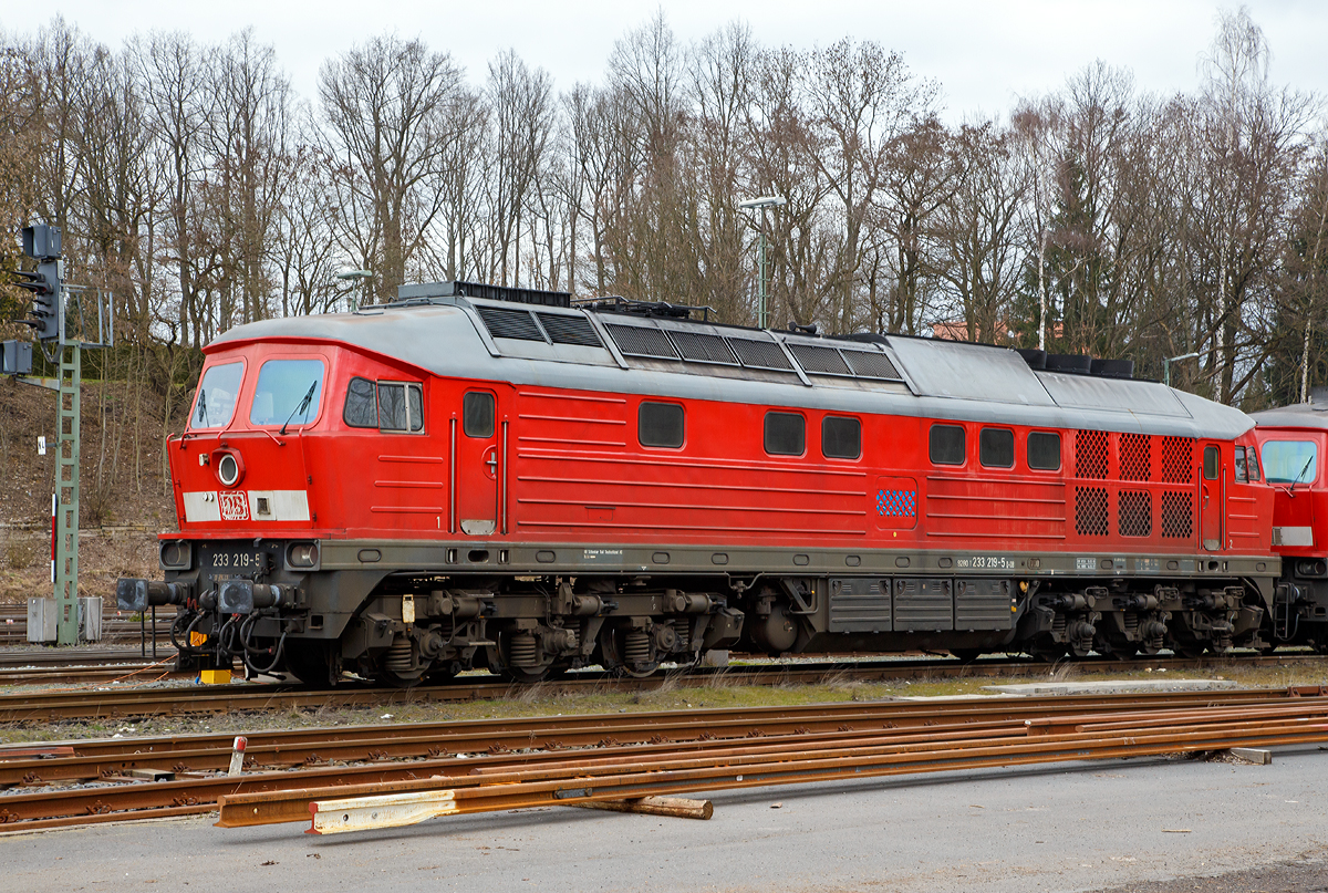 
Die  Ludmilla  233 219-5 (92 80 1233 219-5 D-DB) der DB Cargo Deutschland AG, ex DB 232 219-6, ex DR 132 219-7, ist am 27.03.2016 in Marktredwitz abgestellt.

Die V 300 wurde 1975 von LTS (Luhanskyj Teplowosobudiwnyj Sawod auch bekannt als Lokomotivfabrik Lugansk (ehemals Woroschilowgrad)) unter der Fabriknummer 0433 gebaut und als 132 219-7 an die Deutsche Reichsbahn (DR) geliefert. Zum 01.01.1992 erfolgte die Umzeichnung in DR 232 219-6 und zum 01.01.1994 dann in DB 232 219-6. Im Jahre 2002 erfolgte dann der  Umbau und Remotorisierung mit neue zwlfzylinder Dieselmotor: 12D49M im Ausbesserungswerk Cottbus, so erfolgte zum 01.10.2002 die Umzeichnung in DB 233 219-5.

In den 1960er Jahren wurde auf politischer Ebene beschlossen, dass der Traktionswandel in der DDR vor allem durch Diesellokomotiven zu erfolgen habe. Wegen der Spezialisierungsvereinbarungen innerhalb des RGW konnte der knftige Bedarf der DR an leistungsstarken Diesellokomotiven aber nicht mehr aus einheimischer Produktion gedeckt werden, da bei so hohen PS-Leistungen elektrische Fahrmotoren bentigt werden. Der im deutschsprachigen Raum bliche dieselhydraulische Antrieb fiel damit aus.

Die damalige DR hatte bis dahin keine Erfahrung mit dieselelektrischer Antriebstechnik. Zudem gab es einen Beschluss innerhalb des RGW, dass Maschinen mit mehr als 2000 PS nicht in der DDR gebaut werden sollten, da bereits sehr viele kleinere Diesellokomotiven aus DDR-Produktion kamen und die UdSSR um ihre Vormacht bei Grodiesellokomotiven frchtete. Die Versuchslok V240 blieb deshalb ein Einzelstck.

Neben den reinen Gterzugloks der Bauart M62 (V 200, DR-Baureihe 120) „Taigatrommel“ sollten auch 3000 PS starke, 140 km/h schnelle Loks mit elektrischer Zugheizung (spter auch 160 km/h schnelle Maschinen mit 4000 PS Leistung) aus der Sowjetunion beschafft werden. Deren Konstruktion erfolgte nach den Vorgaben der DR bei der Lokomotivfabrik Luhansk (damals Woroschilowgrad). Da eine zentrale elektrische Zugheizung fr russische Verhltnisse eher ungeeignet ist, mussten entsprechende Aggregate vllig neu entwickelt werden und standen zum Lieferbeginn noch nicht zur Verfgung.

Die Lokomotiven der Baureihe 130 (DB 230), BR 131 (DB 231), BR 132 (DB 232, 233, 234 und 241) und BR 142 (DB 242) wurden ab 1970 aus der damaligen Sowjetunion in die DDR importiert und bei der Deutschen Reichsbahn in Dienst gestellt. Die Baumuster wurden noch als V 300 auf der Leipziger Messe vorgestellt.

Von der Baureihenfamilie wurden zwischen 1970 und 1982 insgesamt 873 Stck in Dienst gestellt. Im Volksmund sind die Dieselmaschinen unter dem Namen „Ludmilla“  gelufig. Heute sind bei der Deutschen Bahn nur noch aus der Baureihe 132 hervorgegangene Lokomotiven im Einsatz.

Die Umbau-Baureihe 233:
Im Jahre 2002 begann man mit dem Stabiliesierungsprogramm der BR 232, zur Erhhung der Zuverlssigkeit, Verfgbarkeit und Wirtschaftlichkeit, sowie der Reduzierung der Emissionswerte, der Umbau bestand im wesentlichen aus:
Die BR 233 erhielt einen direkteinspritzenden V-12-Zylinder-Viertakt-Dieselmotor des russischen Typs Kolomna 12D49M mit einer Nennleistung von 2.206 kW und einer maximal eingestellten Traktionsleistung von 1.900 kW ausgerstet worden. Da der Umbau fr den russischen Motor am geringsten war, entschied man sich fr den Einbau dieses Motors. Whrend der Originalmotor ein 16-V-Zylinder-Dieselmotor (Kolomna 5D49) war, ist der neue Motor nur noch ein 12-Zylinder-V- Dieselmotor. Der der neue Motor hat einen Hubraum von 165,6 l gegenber 220,9 l des alten Motors, die fast gleiche Leistung wird u.a. durch einen hheren Ladedruck erreicht. Dieser wurde von 1,3 bar auf nun 2,1 bar erhht. Aber auch der Einspritzdruck (Beginndruck 380 bar gegenber 320 bar) und der max. Verbrennungsdruck (140 bar gegenber 115 bar) sind entsprechend hher.
Wie auch beim alten Motor knnen einzelne Zylindergruppen zur Dieseleinsparung bei Nichtbedarf abgeschaltet werden. Insgesamt wurden 65 Lokomotiven mit dem neuen Motor Typ Kolomna 12D49M ausgestattet und zur Unterscheidung als Baureihe 233 bezeichnet, dabei wurden die alten Ordnungsnummern beibehalten. 

Systemnderungen gegenber dem 5D49 bestehen vor allem im Zweikreiskhlsystem, der Ausstattung mit zwei lwrmetauschern und der Notabstellung mittels Notstopp bzw. Luftabsperrklappe.
Die vernderte Lage des Abgasturboladers des 12D49M gegenber dem 5D49 im Lokkasten erforderte auerdem den Einbau eines gekrzten Schalldmpfers. Weiterhin wurde die Verbrennungsluftanlage auf eine mit vier Papierfiltereinstzen bestckte einseitige Luftansauganlage umgerstet. 

Technische Daten der BR 233:
Spurweite: 1.435 mm (Normalspur)
Achsformel: Co’Co’
Lnge ber Puffer: 20.820 mm
Drehgestellachsstand:  2 x 1.850 mm (3.700 mm)
Dienstgewicht: 122t
Radsatzfahrmasse:  20,4 t 
Anfahrzugkraft: 294 kN
Dauerzugkraft: 194 kN
Hchstgeschwindigkeit: 120 km/h
Treibraddurchmesser: 1.050 mm

Motorart: direkteinspritzenden V-12-Zylinder-Viertakt-Dieselmotor mit Abgasturbolader und Ladeluftkhlung, 4 Ventile pro Zylinder
Motorentyp: Kolomna 12D49M
Motorleistung: 2.206kW (2.999 PS) bei 1.000 U/min
Motorhubraum: 165,6 l
Ladeluftdruck: 2,1 bar
Einspritzbeginndruck: 380 bar
Max. Verbrennungsdruck: 140 bar

Leistungsbertragung: elektrisch
Traktionsgeneratortyp: GS-501A
Traktionsgeneratorleistung: 	2.190kW
Traktionsleistung: 1.830 kW (6 x 305 kW)
Anzahl der Fahrmotoren: 6 ( 305 kW)
Fahrmotortyp: ED 118 A
Tankinhalt: max. 6.000 l

