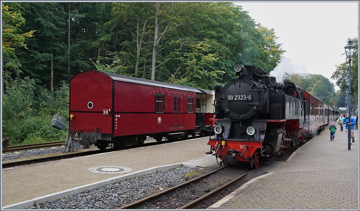 Die recht langen Züge der Mecklenburgischen Bäderbahn erfordern einen sportlichen Einsatz, wenn man das Erlebnis mit der Molli fürs Familienalbum festhalten will, wie die Szene rechts im Bild zeigt.
28. Sept. 2017