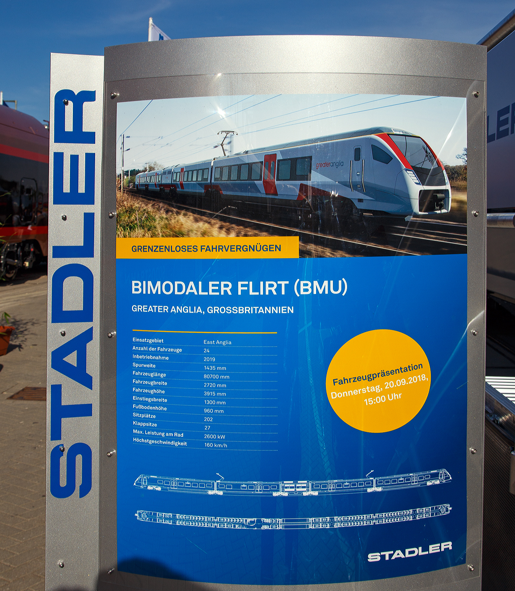 
Die Stadler-Werbetafel zum vierteiligen FLIRT-Triebzug mit bimodalem Antrieb (BMU) der British Rail Class 755/4 fr die Greater Anglia (GB), am 19.09.2018 auf der InnoTrans 2018 in Berlin. 