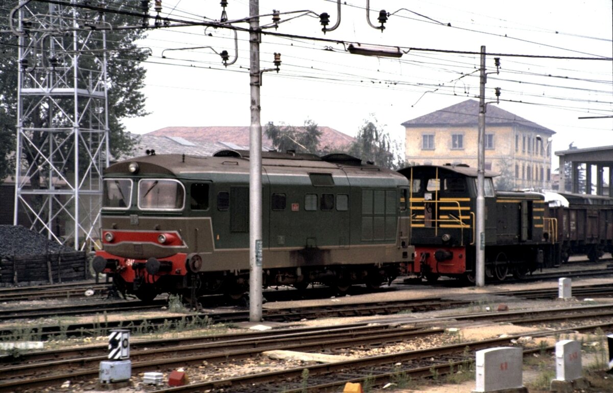Domodossolo, FS Dieselloks BR D.345 und BR D.245 am 09.09.1980. Aufnahme aus einfahrenden Zug.