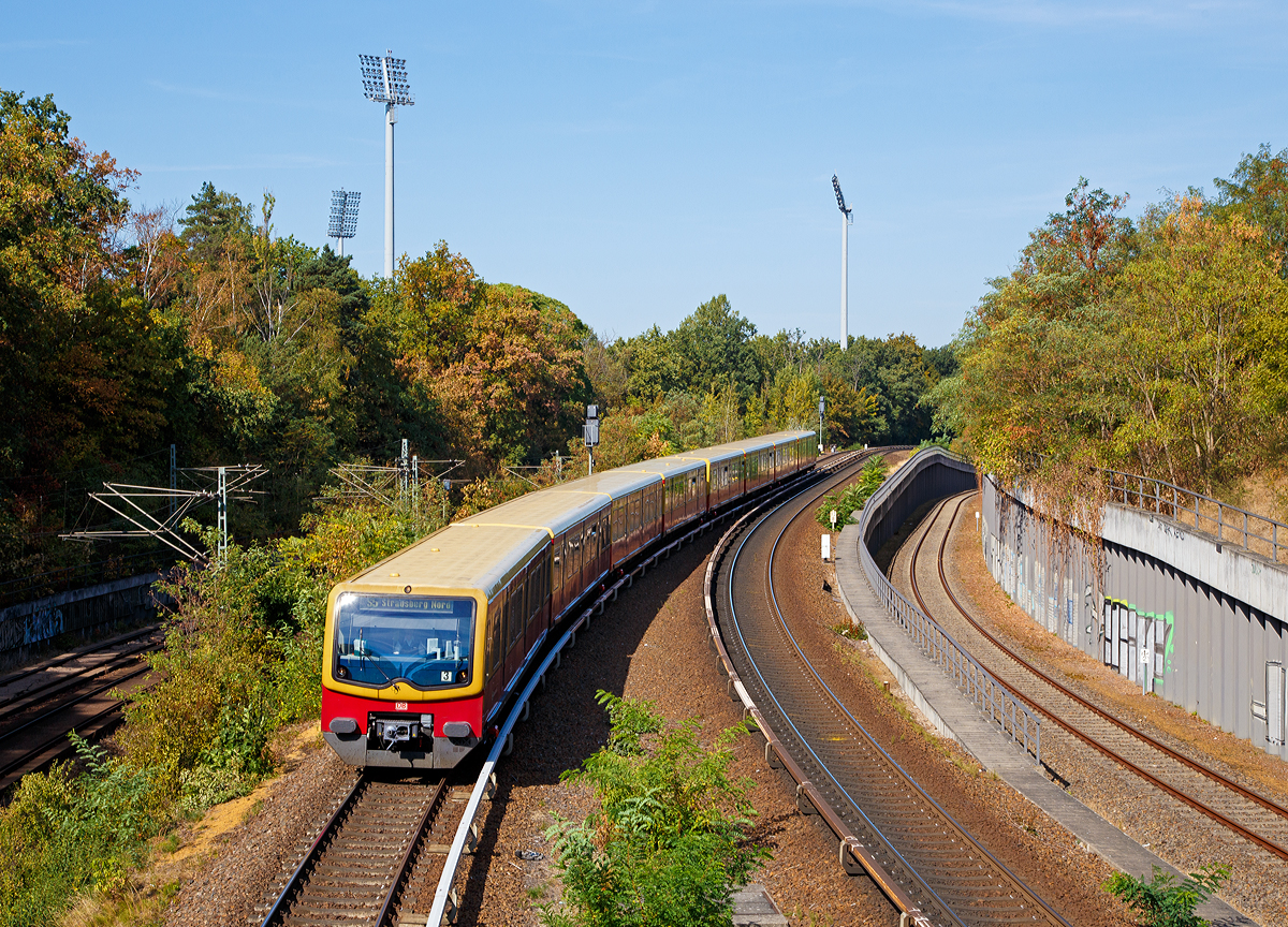
Ein Ganzzug der BR 481/482 der S-Bahn Berlin (als Linie 5) erreichen am 18.09.2018 bald die Station Berlin Messe Süd (Eichkamp). 

Ein Ganzzug besteht jeweils aus vier Viertelzüge der Baureihe 481 und 482. Diese Baureihe der S-Bahn Berlin ist z.Z. noch jüngste Baureihe der S-Bahn Berlin und zugleich die derzeit meistgenutzte. Bereits 1990 setzten sich Vertreter der Berliner Verkehrsbetriebe und der Deutschen Reichsbahn (die damaligen Betreiber der getrennten Berliner S-Bahn-Netze) zusammen, um die Anforderungen für eine neue Baureihe zu entwickeln. 1993 wurde das erste Vorführmodell der Öffentlichkeit vorgestellt.

Die Fahrzeuge sollten den modernen Ansprüchen gerecht werden. Je zwei Triebwagen – einer mit Führerstand (BR 481), der andere ohne (BR 482) – sind durch einen Übergang miteinander verbunden. Somit ist die kleinste betriebliche Einheit ist ein Halbzug bestehend aus zwei Viertelzügen, sprich vier Wagen.

Durch den Einsatz von Zügen mit moderner Bremsenergierückspeisung (wie der BR 481) kann im Gesamtnetz eine durchschnittliche Stromersparnis von 30 Prozent gegenüber den klotzgebremsten Vorkriegszügen erreicht werden. Angetrieben werden drei von vier Drehgestellen eines Viertelzuges.

TECHNISCHE DATEN BR 481/482 (zweiteilig bzw. Viertelzug):
Hersteller Vorserie (1996): Deutsche Waggonbau AG (DWA)  / AEG, bis 2000 DWA / Adtranz und ab 2001 Bombardier
Baujahre: 1996 bis 2004
Gebaute Stückzahl: 500 Viertelzüge (2000 Wagen)
Spurweite: 1.435 mm (Normalspur)
Achsformel: Bo’Bo’ +Bo'2'
Länge über Puffer: 35.800 mm
Fahrzeugbreite: 3.140 mm
Fahrzeughöhe: 3.585 mm 
Drehzapfenabstand: 12.100 mm
Achsabstand im Drehgestell: 2.200 mm
Fußbodenhöhe: 1.000 mm (durchgängig) 
Leergewicht: 59 t
Sitzplätze: 94 
Stehplätze (2 Pers./m²):  200
Trieb- und Laufraddurchmesser:  820 mm (neu) / 760 mm abgenutzt
Leistung: 6 x 100 kW = 600 kW
Motorentyp: 6 Stück Drehstrom-Asynchron-Motor DKABZ 2806-4B
Höchstgeschwindigkeit: 100 km/h (z. Zt. durch das Eisenbahn-Bundesamt auf 80 km/h heruntergesetzt)
Max. Beschleunigung: 1,0 m/s² 
Max. Bremsverzögerung: 1,3 m/s²
Speisespannung: 750 V DC (seitliche über Stromschiene)
