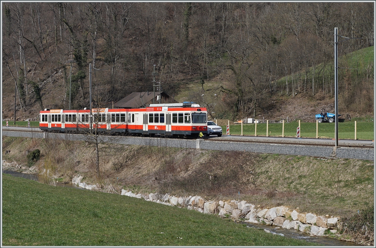 Ein Waldenburgerbahn Zug bestehend aus einem BDe 4/4 und zwei Bt bei Lampenberg-Ramlinsburg. Zur Zeit wird die 75 cm Spur Strecke auf Meterspur umgebaut. 

25. März 2021