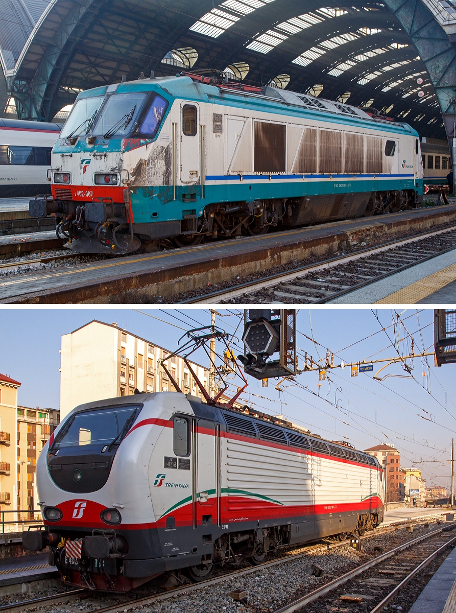 
Mal im Vergleich eine E.402A und die Weiterentwicklung daraus eine E.402B 

Oben: Die E.402.007 (91 83 2402 007-5 I-TI) eine E.402A der Trenitalia ist am 29.12.2015 beim Bahnhof Milano Centrale abgestellt. 
Unten: Die E.402.168 (91 83 2402 168-5 I-TI) eine E.402B der Trenitalia in Frecciabiancalackierung fährt am 29.12.2015 aus dem Bahnhof Milano Centrale.  

Am Auffälligsten ist der neu gestaltete und futuristischere Wagenkasten, dieser wurde Pininfarina designt. Die E.402B ist ca. 2 t schwerer, 980 mm länger, zudem erreicht die E.402B nur eine Höchstgeschwindigkeit von 200 km/h, ihr Vorgängermodell kann 220 km/h erreichen.

