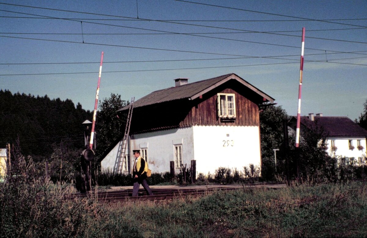 BB Strecke mit Bahnbergang 293 und einem Streckenlufer am 09.10.1981. Das Bild erinnert mich an den Film:  Wallers letzter Gang . 
