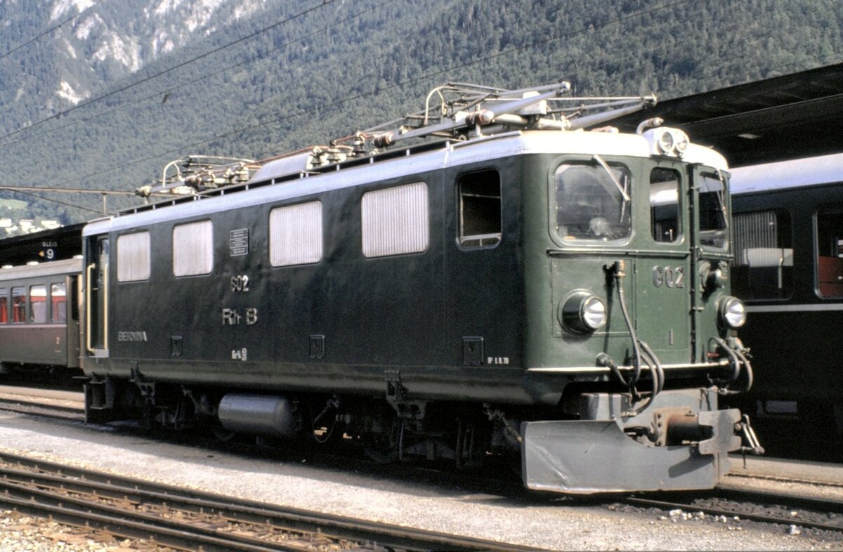 RhB Ge 4/4 I Nr.602 mit Namen Bernina in Ulm am 14.09.1980.