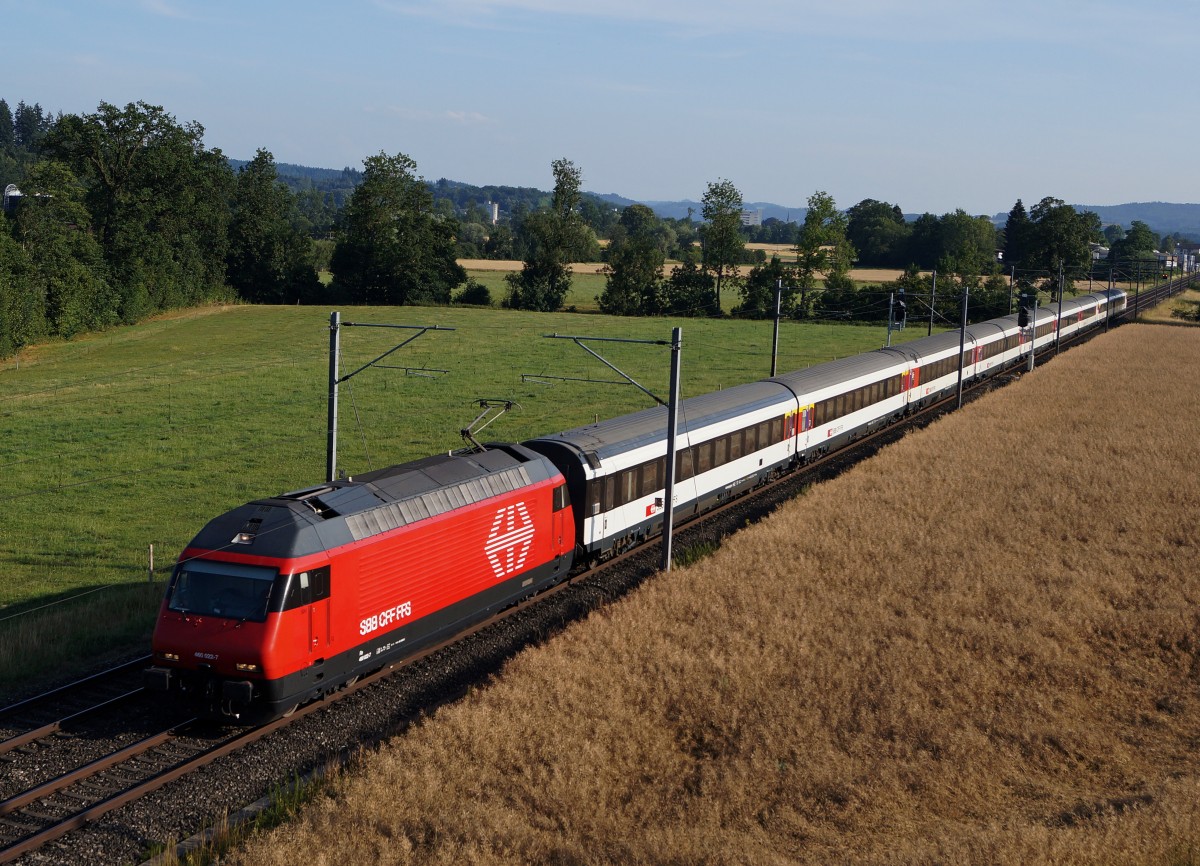 SBB: Einheitlich mit EW IV-Wagen formierten IR Bern-Olten mit der 460 022-7 bei Langenthal am 15. Juli 2015.
Foto: Walter Ruetsch