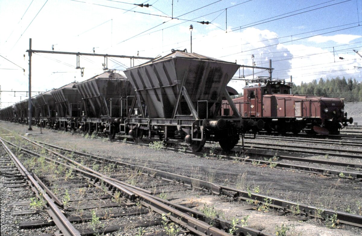 SJ alter Erzwagentyp im Eisenbahnmuseum der TGOJ in Grngesberg am 02.08.1994. Im Hintergrund ist Ellok Hg Nr.654 zu sehen.