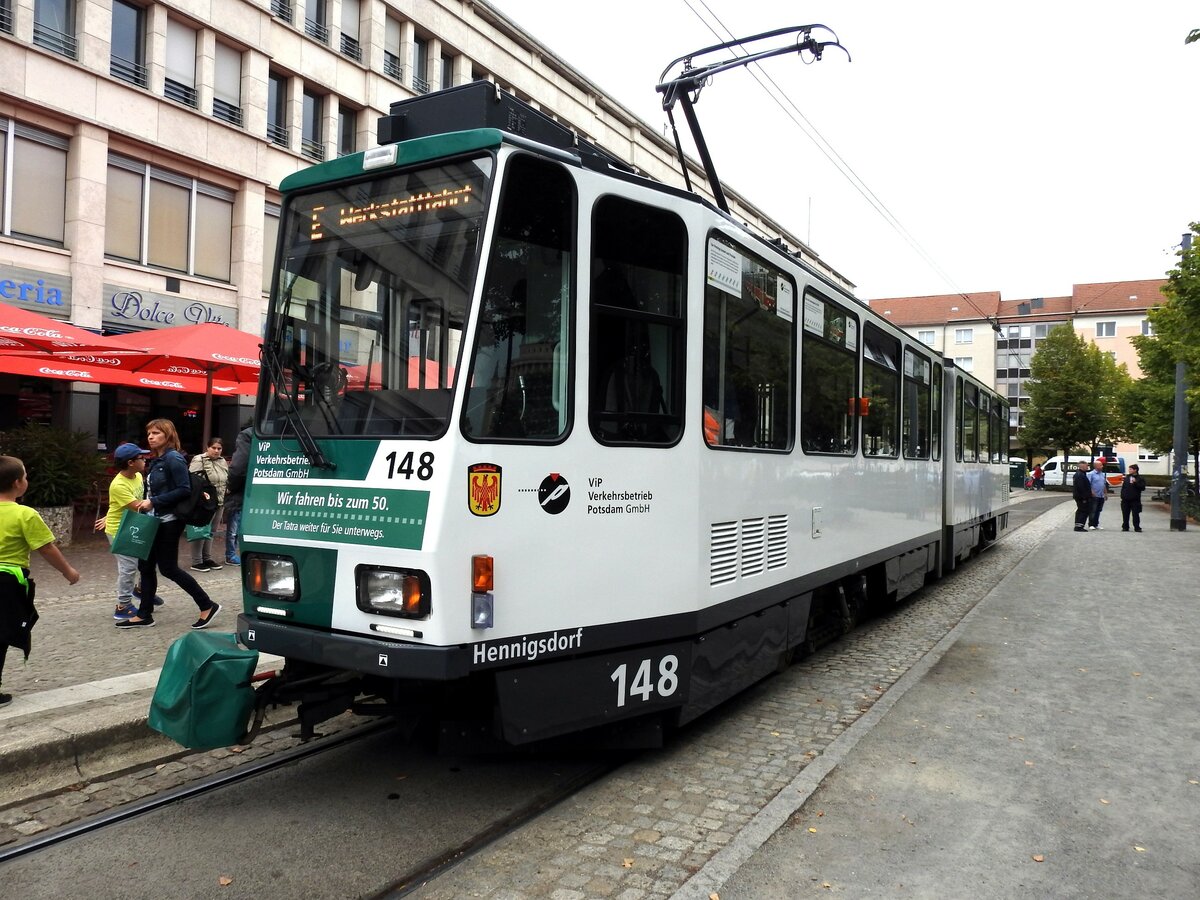 Straßenbahn / Stadtverkehr;  Potsdam;    KT 4 DC Nr.148 vn CKD Tatra-AEG Baujahr 1987 in Potsdam am Platz der Einheit Nord, beim Jubiläum 111 Jahre Elektrische Tram in Potsdam am 02.09.2018.
