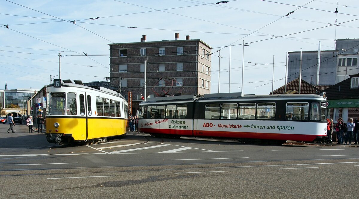 Straenbahn / Stadtverkehr; Stuttgart/Halberstadt/Freiburg;   GT 4 Nr.156 aus Halberstadt und GT 4 Nr.471 von Stuttgart, und mittendrin steht whrend der Festrede GT 4 Nr.109 aus Freiburg beim Jubilum 60 Jahre GT 4 am 27.10.2019.