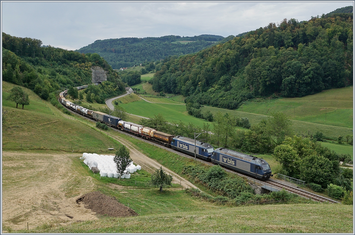 Zwei BLS Re  465 fahren mit einem langen Transitgüterzug zwischen Läufelfingen und Buckten (Alte Hauenstein Line) Richtung Sissach.
7. August 2018