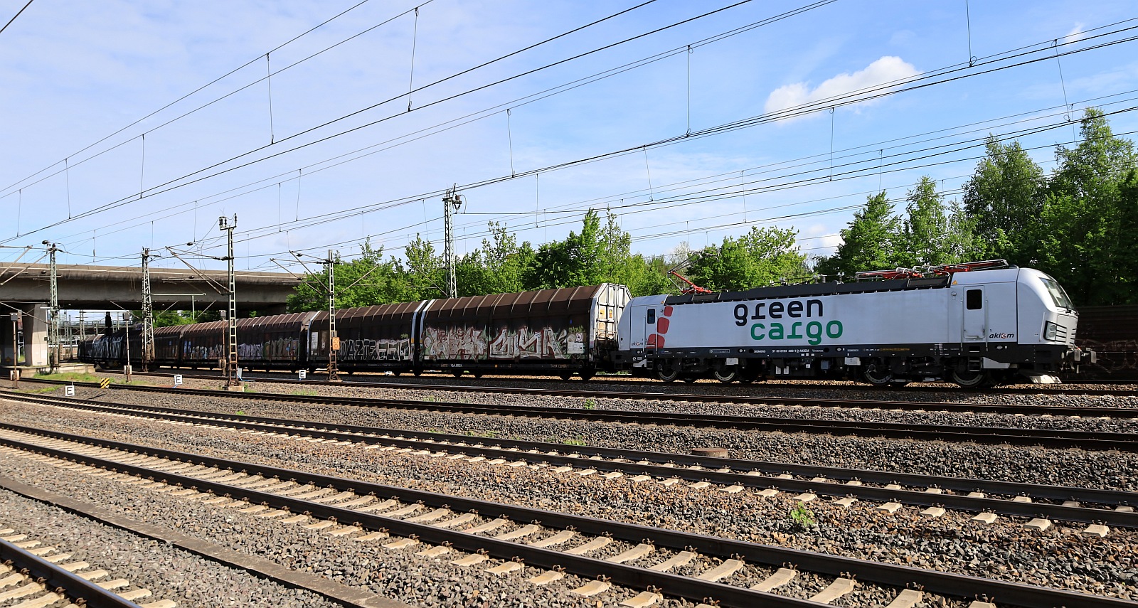 AKIEM/GreenCargo 193 480-1 mit Volvozug Durchfahrt HH-Harburg 04.05.2024