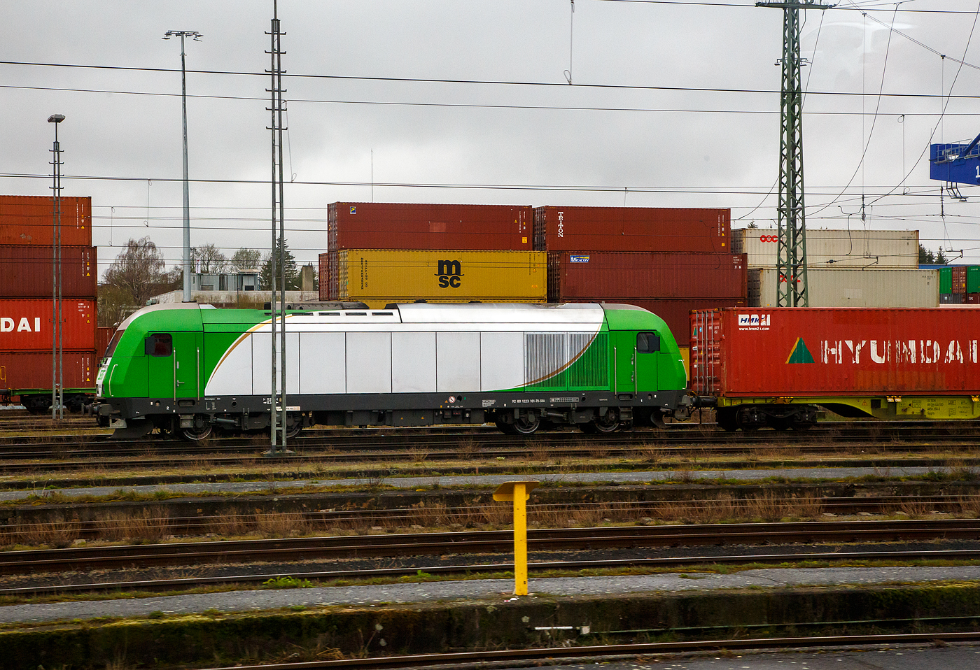 Die ER 20-02 alias 223 101-7 (92 80 1223 101-7 D-SRA) der Salzburger Eisenbahn TransportLogistik GmbH steht am 17.04.2023 mit einem Containerzug beim  Container Terminal Hof (CTH). Innerhalb des Netzwerks der Contargo Combitrac GmbH stellt das Containerterminal in Hof das „Tor zum Osten“ dar. Dank der günstigen geografischen Lage können von Hof aus sowohl Süd- und Mitteldeutschland, als auch Tschechien und Polen innerhalb kurzer Zeit erreicht werden.

Die Siemens ER 20 der Variante BF wurde 2007 von Siemens in München unter der Fabriknummer 21156 gebaut und als OHE 270080 an die Osthannoversche Eisenbahnen AG in Celle geliefert. Von 2012 bis 2017 lief sie dann als 2700 80 für OHE Cargo GmbH (92 80 1223 101-7 D-OHEGO, im März 2017 wurde sie dann an die Salzburger Eisenbahn TransportLogistik GmbH verkauft.

Die  Hercules   hat die Zulassung für Deutschland, Österreich und Tschechien.

TECHNISCHE DATEN:
Spurweite: 1.435 mm
Achsfolge: Bo'Bo'
Länge über Puffer 19.275 mm
Breite: 2.870 mm
Drehzapfenabstand: 10.362 mm
Achsabstand im Drehgestell: 2.700 mm
Treibraddurchmesser: 1.100 mm (neu) / 1.020 mm (abgenutzt)
Dieselmotor: 16-Zylinder-Dieselmotor mit Common-Rail-Einspritzung, zwei Turbolader und Ladeluftkühlung vom Typ 16 V 4000 R41
Leistung: 2.000 kW
Nenndrehzahl: 600 - 1.800 U/min
Leistungsübertragung:  dieselelektrisch
Höchstgeschwindigkeit: 140 km/h
Leergewicht: 80 t
Kleinster bef. Halbmesser: 100 m
Zugheizung: 400 kW
Anfahrzugkraft: 235 kN
Tankinhalt bei Variante BF: 4.000 Liter (BU 2.500 Liter)