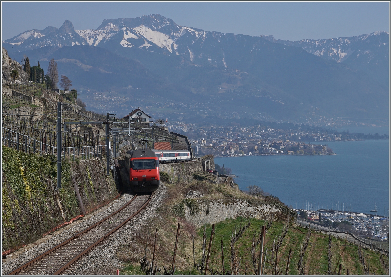 Infolge Bauarbeiten zwischen Vevy und Lausanne wurden die IR/RE via Puidoux umgeleitet, was auf dieser recht steilen Strecke eher ungewöhnliche Aufnahmen langer Züge ermöglichte. ein SBB Re 460 ist mit einem IR oberhalb von St-Saphorin auf dem Weg nach Vevey.

20. März 2022