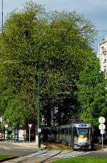 . An der Haltestelle Montgomery in Brüssel warten die Straßenbahnen in der schattigen Wendeschleife auf die Abfahrt. 06.04.2014 (Jeanny)