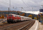 In Doppeltraktion fahren die DB 218 435-6 und die DB 218 483-6 mit dem IC 2012 „Allgu“ (Oberstdorf - Kempten(Allgu)Hbf - Stuttgart Hbf - Kln Hbf - Bochum Hbf) durch den Bahnhof