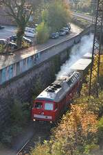 br-230-231-232-233-234-ex-dr-130-131-132-ludmilla/811883/232-131-3-mit-gueterzug-auf-der 232 131-3 mit Güterzug auf der Brenzbahn in Richtung Langenau in Ulm am 18.10.2012.