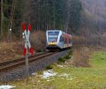 
Ein GTW 2/6 der Hellertalbahn fährt am 13.02.2015 als RB 97  Daadetalbahn   (Betzdorf/Sieg - Daaden), hier kurz vor dem Bahnhof Schutzbach.  
Er befährt die 10 km lange Daadetalbahn (KBS 463).