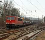 155 070-6 der DB Schencker Rail bringt einem gemischten Gterzug aus Richtung Hagen hier 10.03.2012 kurz vom Bf Kreuztal.