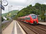   Hatzenport/Mosel 10:07 am 21.06.2014, der vierteiliger Bombardier Talent 2 der DB Regio 442 707 / 442 207 mit dem Taufnamen  Kobern-Gondorf  fährt am 21.06.2014, als RB 81  Moseltal-Bahn 