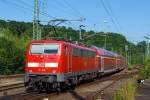 Die 111 129-3 schiebt nun am 08.07.2013 den RE 9 (rsx - Rhein-Sieg-Express)  Siegen - Kln - Aachen weiter in Richtung Kln.