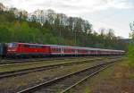 Die 111 101-2 der DB Regio NRW mit n-Wagen (ex Silberlinge) sind am 23.04.2014 im Betzdorfer Abstellbereich abgestellt.