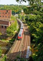 442 260 und weiterer 442er (zwei gekuppelte 4-teilige Talent 2) als RE 9 (rsx - Rhein-Sieg-Express)  Siegen - Kln - Aachen fhrt in Richtung Kln, hier am 19.08.2012 auf der Siegbrcke kurz vor dem 32 m langen Mhlburg-Tunnel (wird auch Mhleberg-Tunnel genannt) in Scheuerfeld / Sieg.