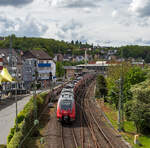 Wegen Bauarbeiten halten derzeit alle aus Richtung Siegen kommenden Züge im Bahnhof Betzdorf (Sieg) am Gleis 105, so müssen die zwei gekuppelte vierteilige Bombardier Talent 2 (442 259 / 442