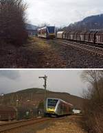 Hier mal ein Vergleich, von vorne im Gegenlicht und als Nachschu mit der Sonne.
Ein GTW 2/6 der Hellertalbahn, fhrt am 08.03.2012 von Herdorf weiter in Richtung Neukirchen. 