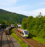 
Der HLB 126 bzw. VT 526 126 (95 80 0946 426-3 D-HEB / 95 80 0646 426-6 D-HEB / 95 80 0946 926-2 D-HEB) ein Stadler GTW 2/6 der HLB (Hessische Landesbahn GmbH) fährt am 29.05.2016, als RB 96  Hellertalbahn  die Verbindung Dillenburg - Haiger - Neunkirchen - Herdorf - Betzdorf), hier erreicht er nun bald den Bahnhof Herdorf.

Der Triebzug wurde 2001 von der Deutsche Waggonbau AG (DWA) unter der Fabriknummer 526/008 gebaut. 