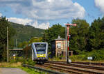 kbs-462-hellertalbahn/760941/ein-stadler-gtw-26-der-der Ein Stadler GTW 2/6 der der Hellertalbahn passiert am 10.09.2015 das Weichenwärterstellwerk Herdorf Ost (Ho) und erreicht nun den Bahnhof Herdorf. Er fährt als RB 96 'Hellertalbahn'  (Neunkirchen – Herdorf – Betzdorf).
