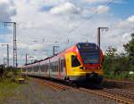 Ein 5-teiliger Flirt 429 045 / 545 der HLB (Hessischen Landesbahn) als RE 99 (Main-Sieg-Express) Siegen - Gieen - Frankfurt, hier hurz vor dem Hp Rudersdorf (Kr. Siegen) KBS 445 fhrt er am 06.07.2012 in Richtung Frankfurt.