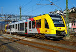   Der VT 507 (95 80 1648 107-8 D-HEB / 95 80 1648 607-7 D-HEB) ein Alstom Coradia LINT 41 der neuen Generation / neue Kopfform der HLB (Hessische Landesbahn GmbH) ist am 27.02.2016 beim Bahnhof