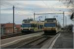 Goldenpass CEV GTW Schienenwohnwagen in Ursprungs und Neulackierung bei der Kreuzung in St- L�gier-Gare am 26. Feb. 2012