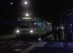 Goldenpass Ein Schienen-Wohnwagen bei Nacht: Am 25.02.2012 im Bahnhof Blonay der meterspurigen Triebwagen Be 2/6 - 7003 (Stadler Elektrischer Niederflur-Doppelgelenk-Leichttriebwagen Typ GTW 2/6) der MVR (Transports Montreux–Vevey–Riviera) ex CEV (Chemins de fer �lectriques Veveysans), steht zur Abfahrt nach Vevey bereit.