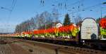 Guterwagen Ein Langer G�terzug f�hrt am 11.02.2012 durch Kreuztal Richtung Hagen, mit: Transwaggon Flachwageneinheiten mit geradem Fu�boden und festen Stirnw�nden beladen mit Schneidwerken der Fa. Claas f�r M�hdrescher
Rechts ein Typ Laas (eigendlich ein Rungenwagen, der Rest ist vom Typ Laalps.